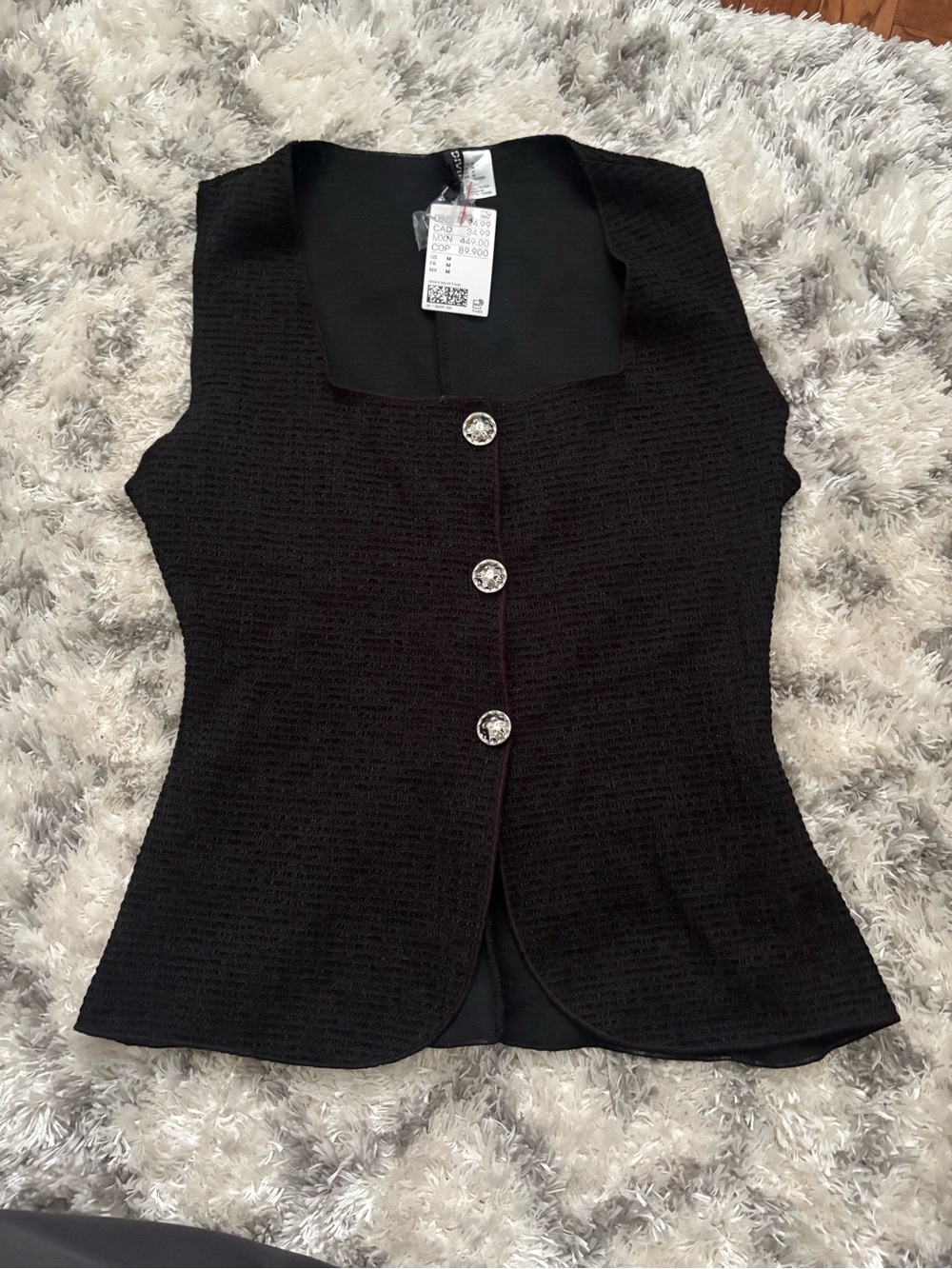 H&M Black Sleeveless Button-Front Textured Tank Top